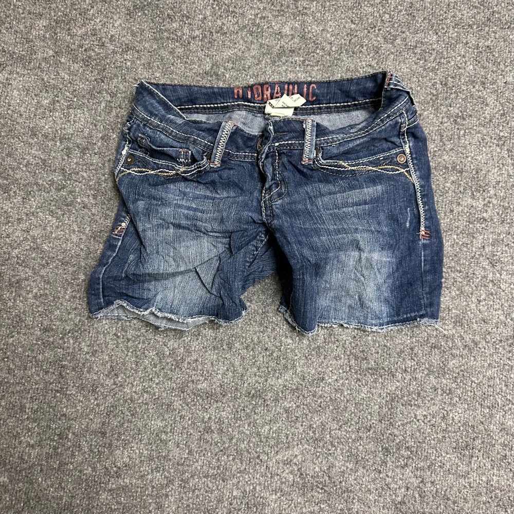 Hydraulic Denim Shorts Womens Size 3/4 Blue Low Rise Raw Hem Embroidered Y2K